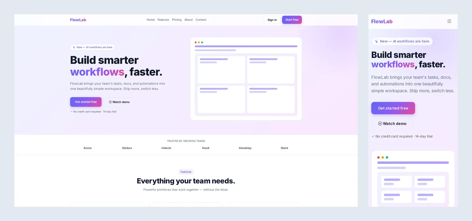 FlowLab — 모던 SaaS 랜딩페이지 HTML 템플릿