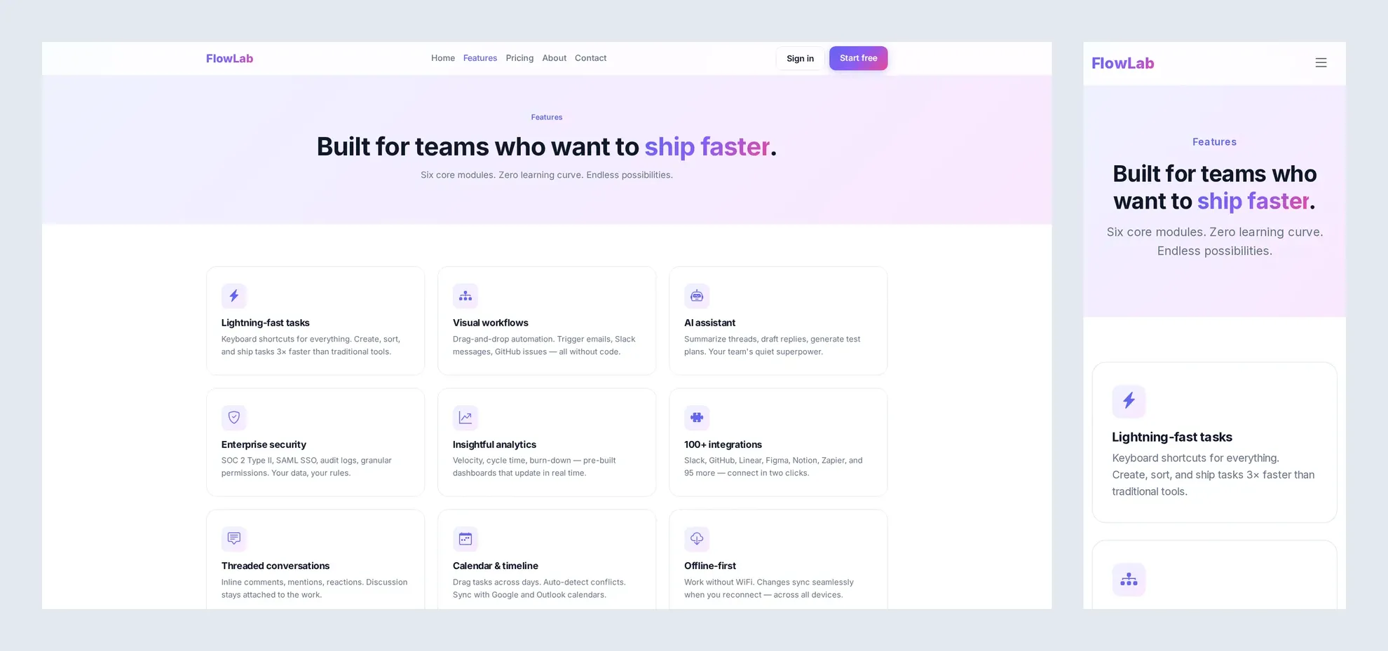 FlowLab — 모던 SaaS 랜딩페이지 HTML 템플릿