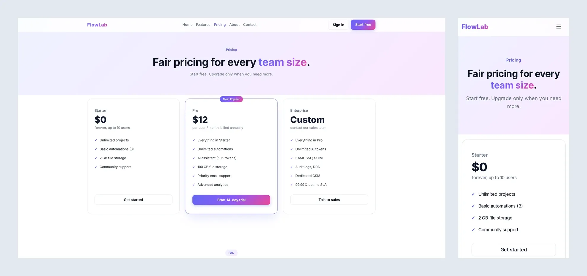 FlowLab — 모던 SaaS 랜딩페이지 HTML 템플릿