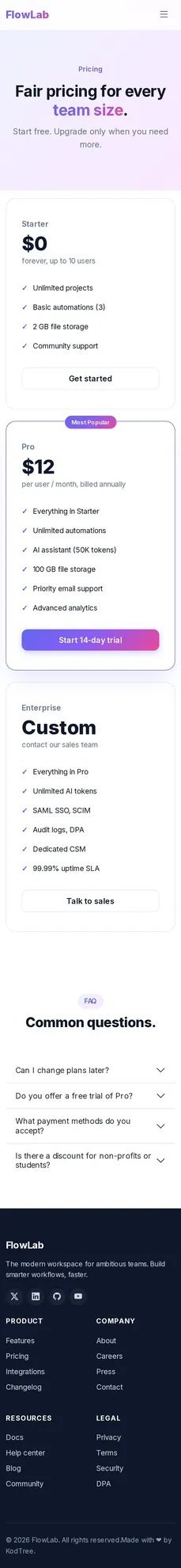 FlowLab Pricing 모바일