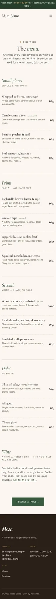 Mesa Bistro Menu 모바일