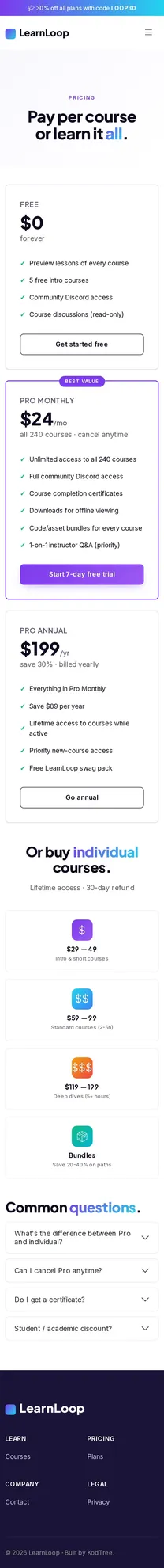 LearnLoop Pricing 모바일