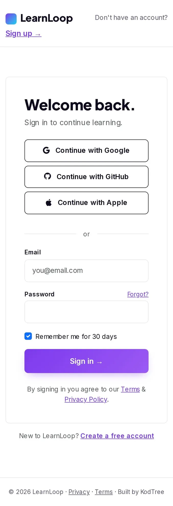 LearnLoop Login 모바일
